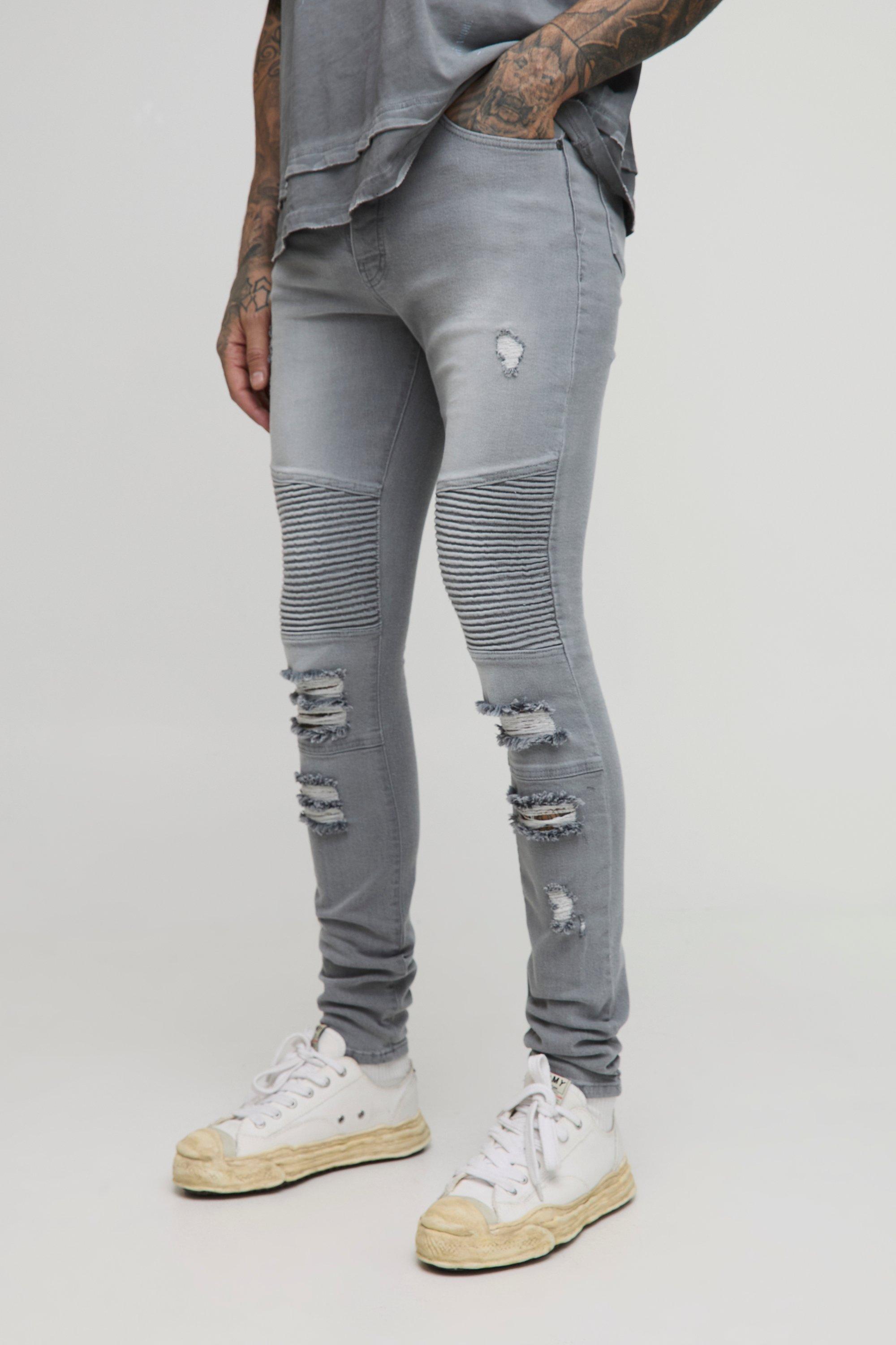 Mens Grey Tall Super Skinny Distressed Biker Jeans, Grey